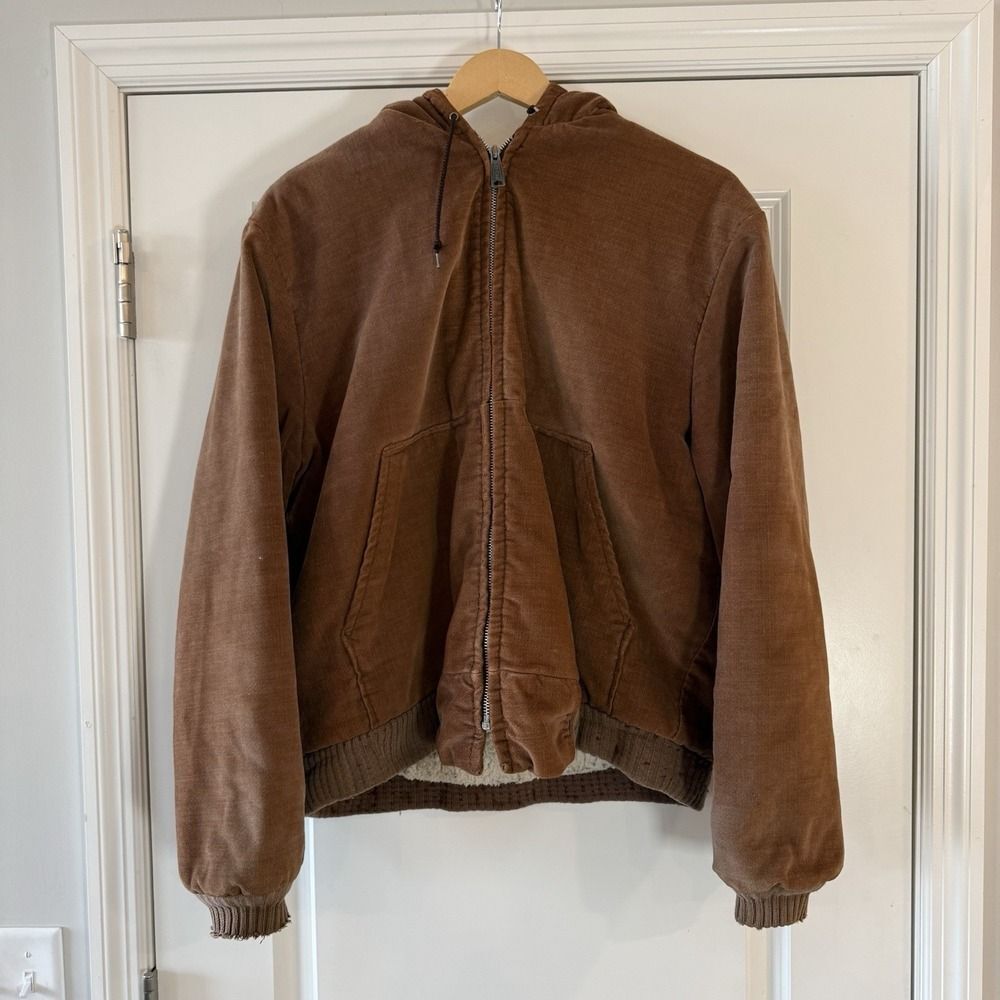 Vintage 70s Brown Bomber Hoodie Jacket Sherpa Lined Size L Grunge